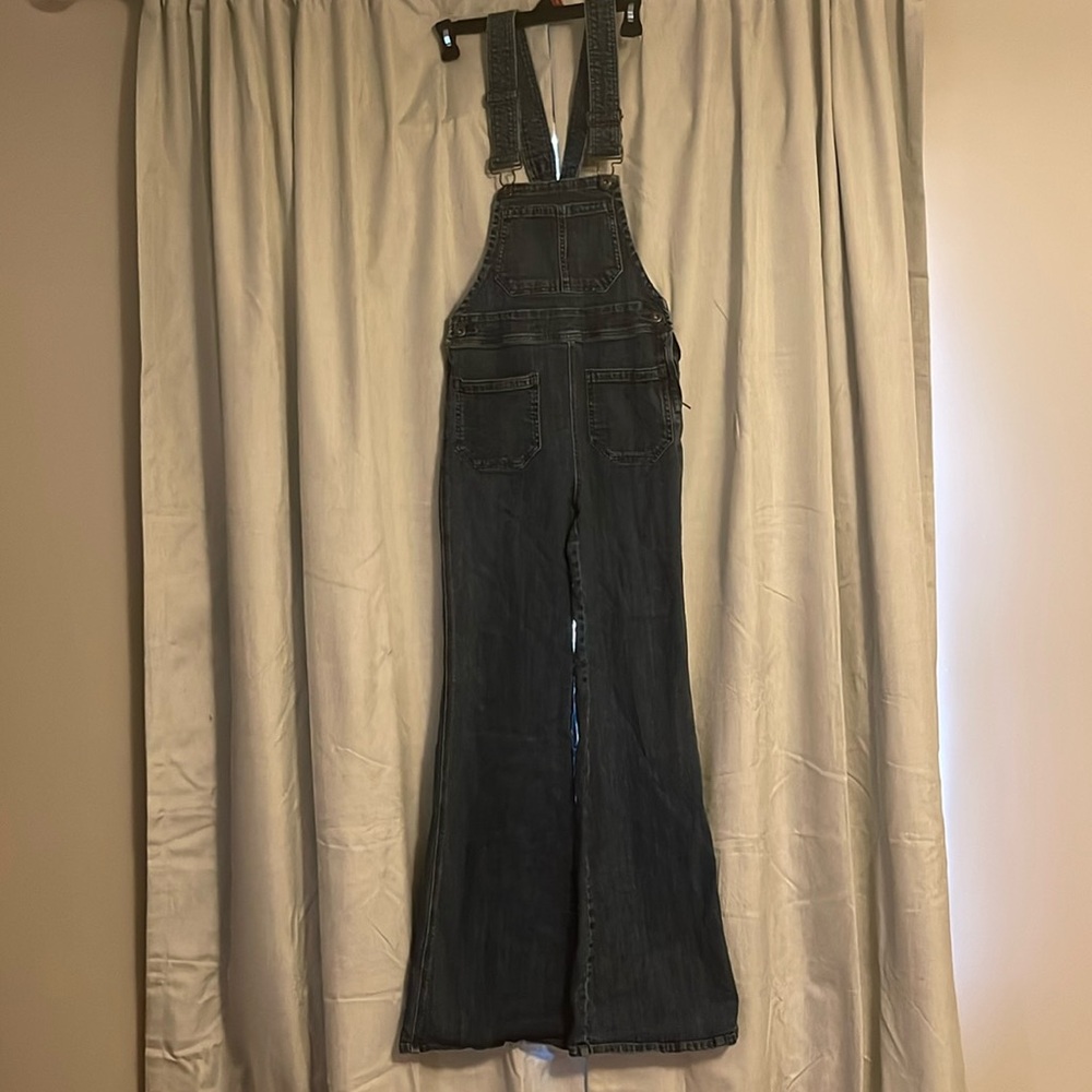 Free People Blue Boot Cut Flare Denim Overalls